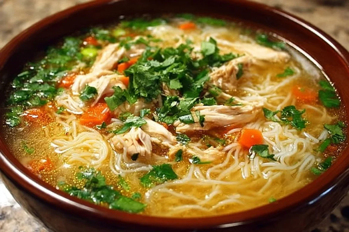 Bowl of cozy chicken vermicelli soup with fresh herbs and vegetables