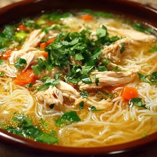 Bowl of cozy chicken vermicelli soup with fresh herbs and vegetables
