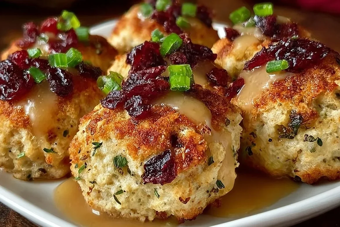 Cranberry turkey stuffing balls on a festive table, a perfect holiday dish.
