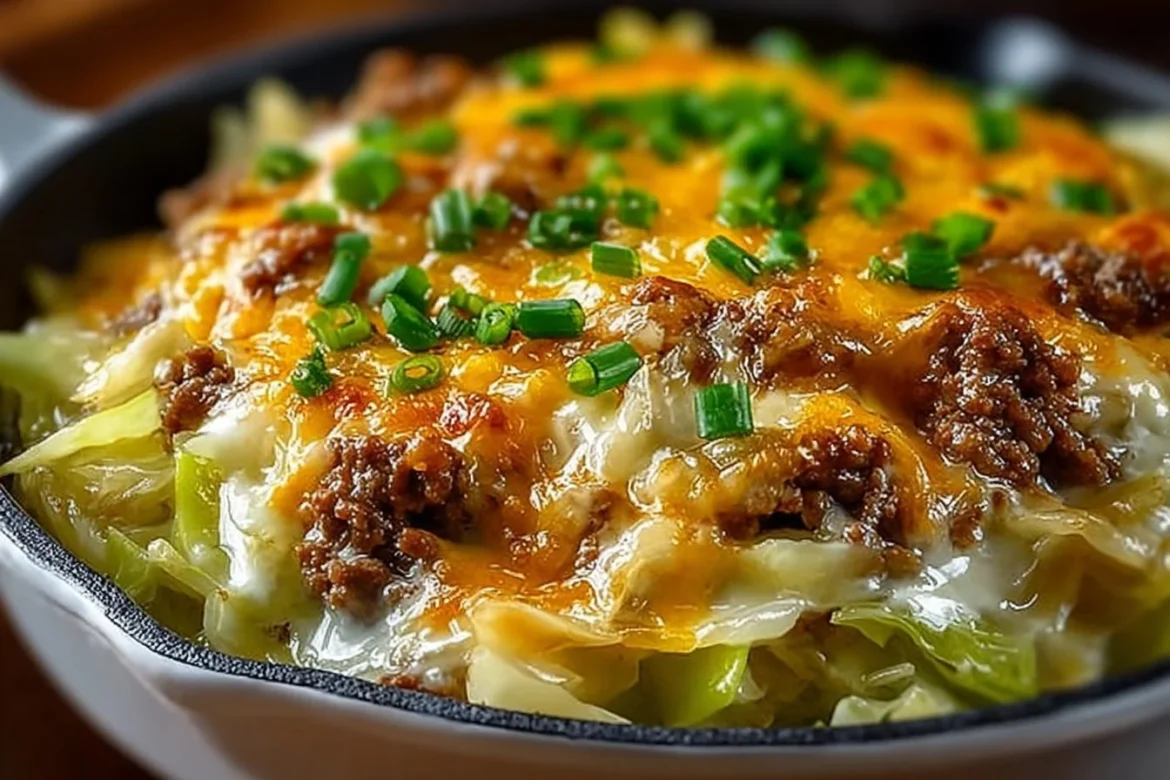 Creamed cabbage and ground beef casserole served in a baking dish
