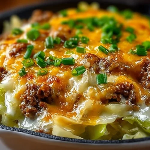 Creamed cabbage and ground beef casserole served in a baking dish