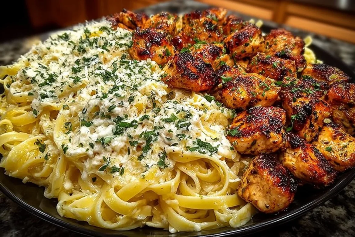 Creamy garlic butter chicken served with linguine in Alfredo sauce