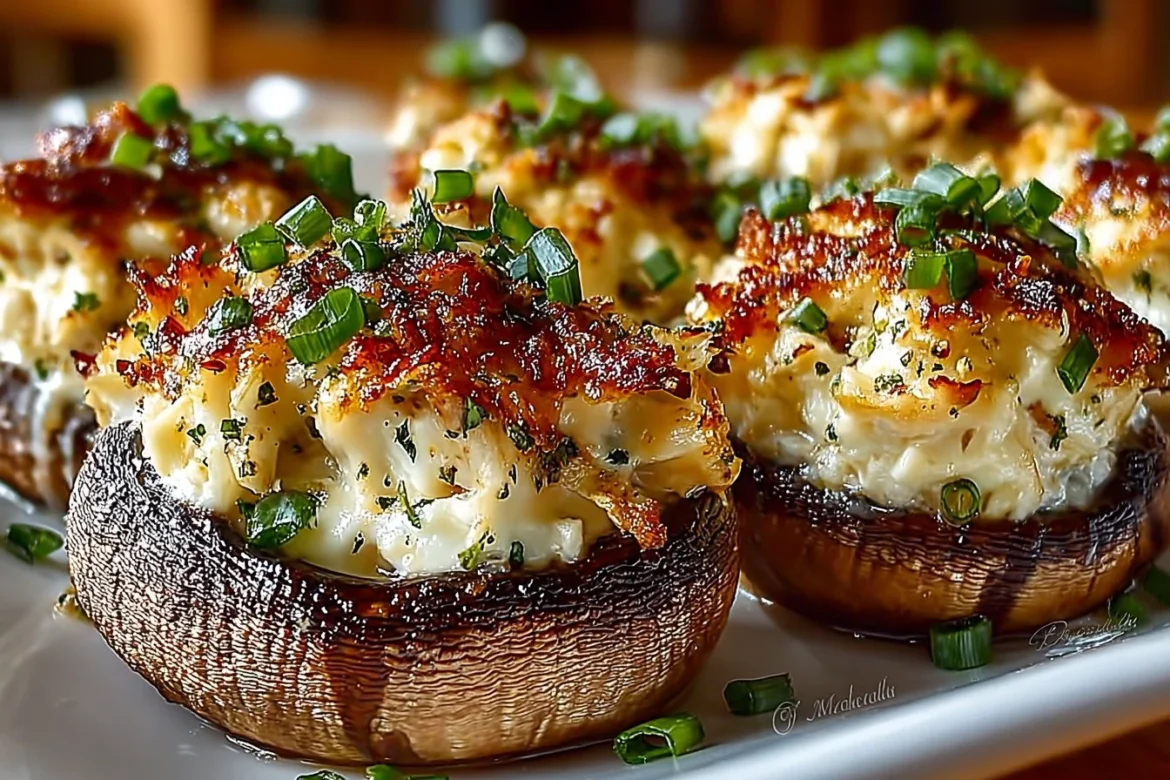 Delicious creamy garlic crab-stuffed mushrooms on a platter