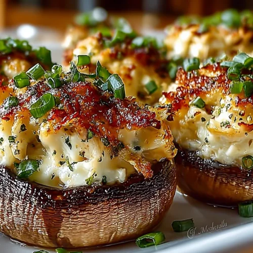 Delicious creamy garlic crab-stuffed mushrooms on a platter