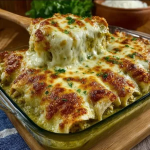 Creamy green chile chicken enchiladas topped with cheese and fresh cilantro
