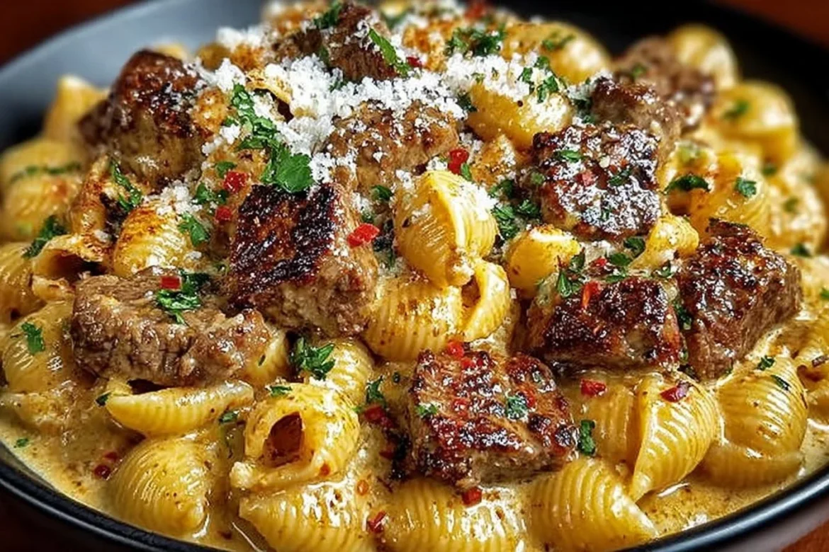 Creamy paprika steak shells dish served on a plate with garnish