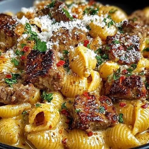 Creamy paprika steak shells dish served on a plate with garnish