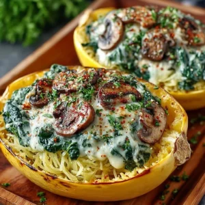 Creamy spinach and mushroom stuffed spaghetti squash dinner dish