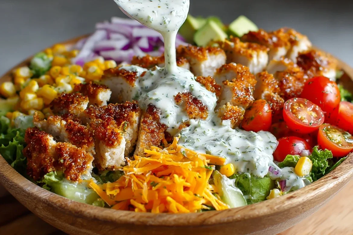 Crispy chicken salad topped with homemade ranch dressing and fresh vegetables
