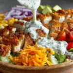 Crispy chicken salad topped with homemade ranch dressing and fresh vegetables