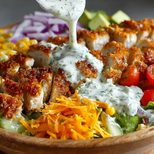 Crispy chicken salad topped with homemade ranch dressing and fresh vegetables