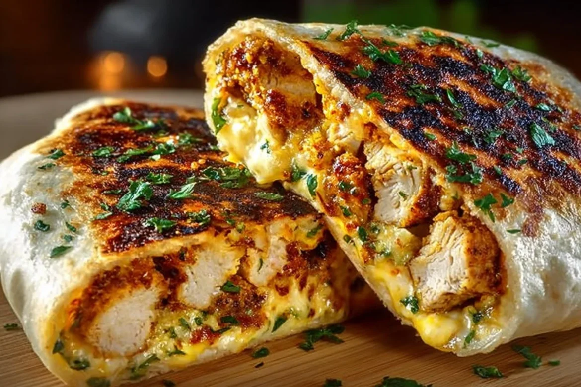 Crispy Parmesan Garlic Chicken Burritos served with fresh ingredients on a plate