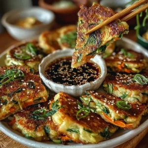 Crispy vegetable pancakes served with Asian dipping sauce on a plate