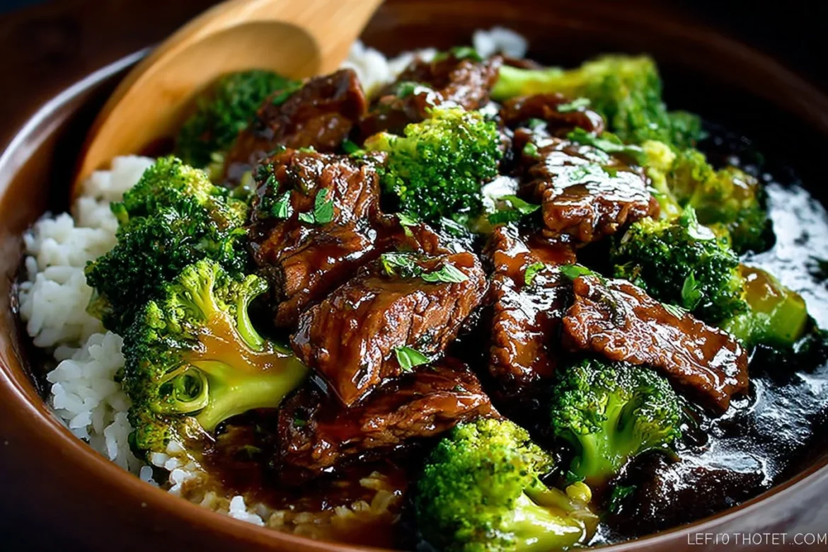Crock Pot Beef and Broccoli dish served in a bowl with broccoli and tender beef slices.