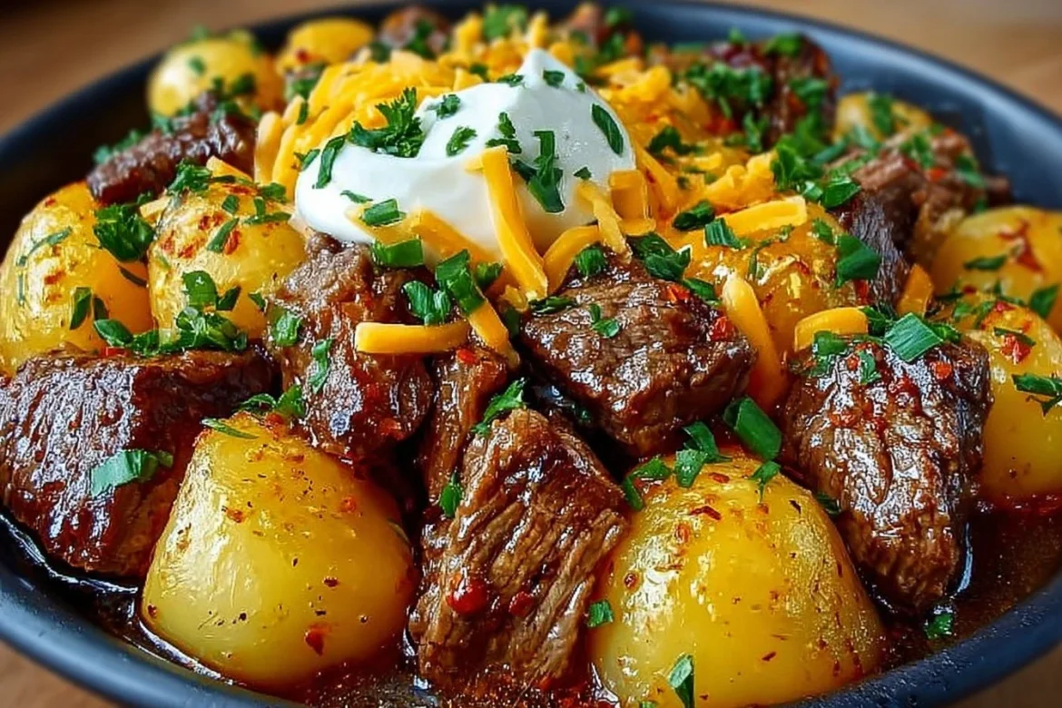 Crockpot Loaded Steak and Potato Bake with melted cheese and herbs