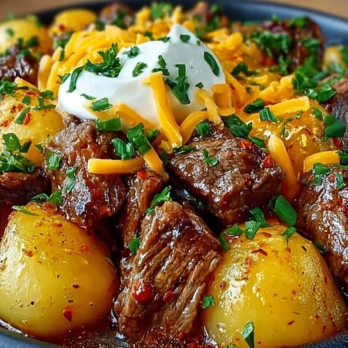 Crockpot Loaded Steak and Potato Bake with melted cheese and herbs
