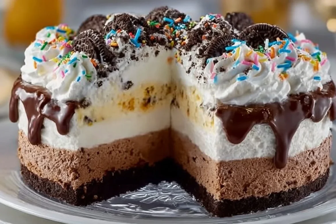 Delicious Dairy Queen ice cream cake decorated with chocolate and vanilla layers.