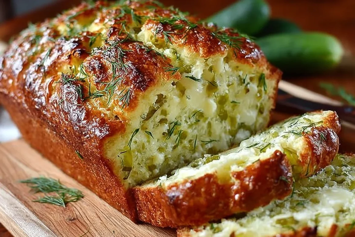 Sliced Dill Pickle Bread displayed on a wooden cutting board