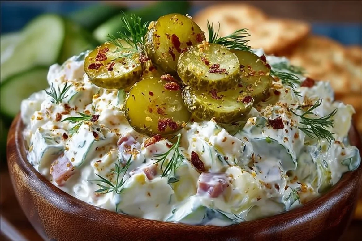 Delicious bowl of Dill Pickle Dip with crackers and fresh herbs