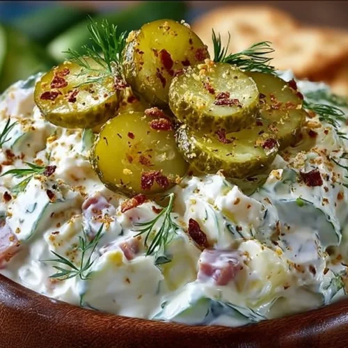 Delicious bowl of Dill Pickle Dip with crackers and fresh herbs