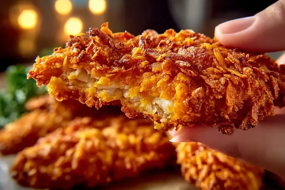 Crispy Doritos Chicken Tenders served with dipping sauce on a plate