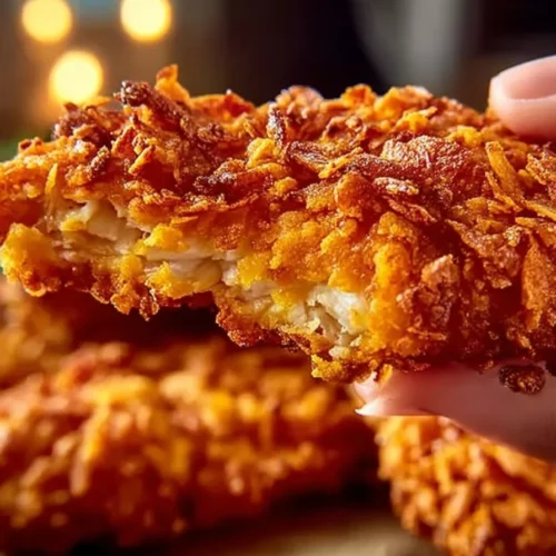 Crispy Doritos Chicken Tenders served with dipping sauce on a plate