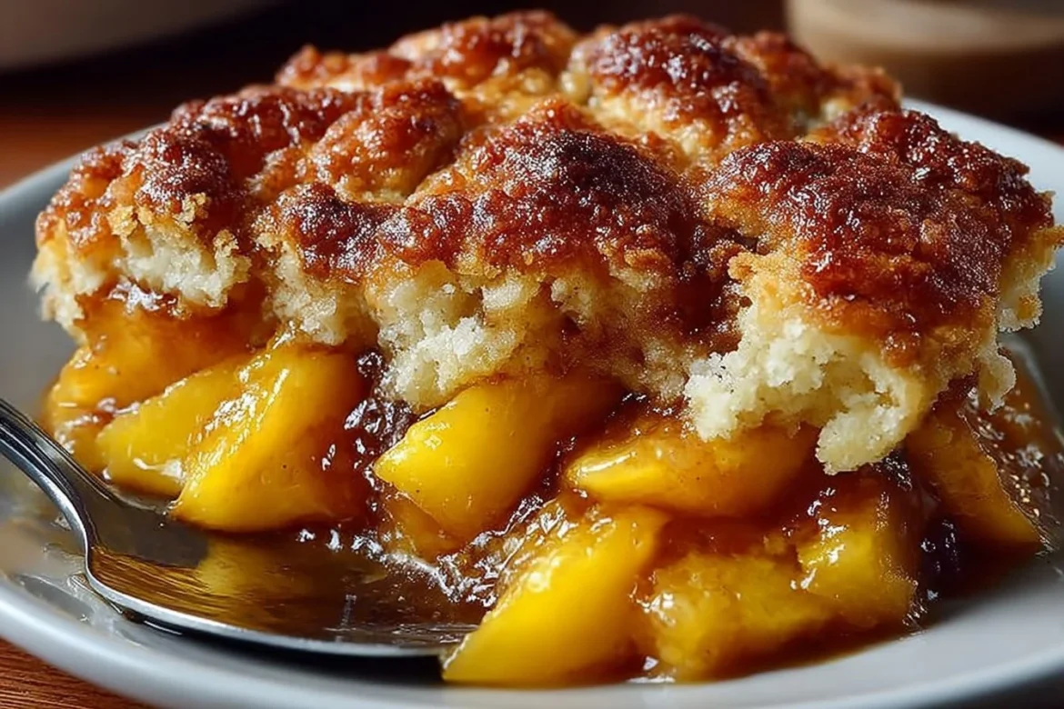 Delicious double crust brown butter peach cobbler served in a dish