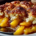 Delicious double crust brown butter peach cobbler served in a dish