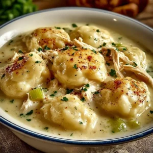 Bowl of easy chicken and dumplings with herbs and vegetables