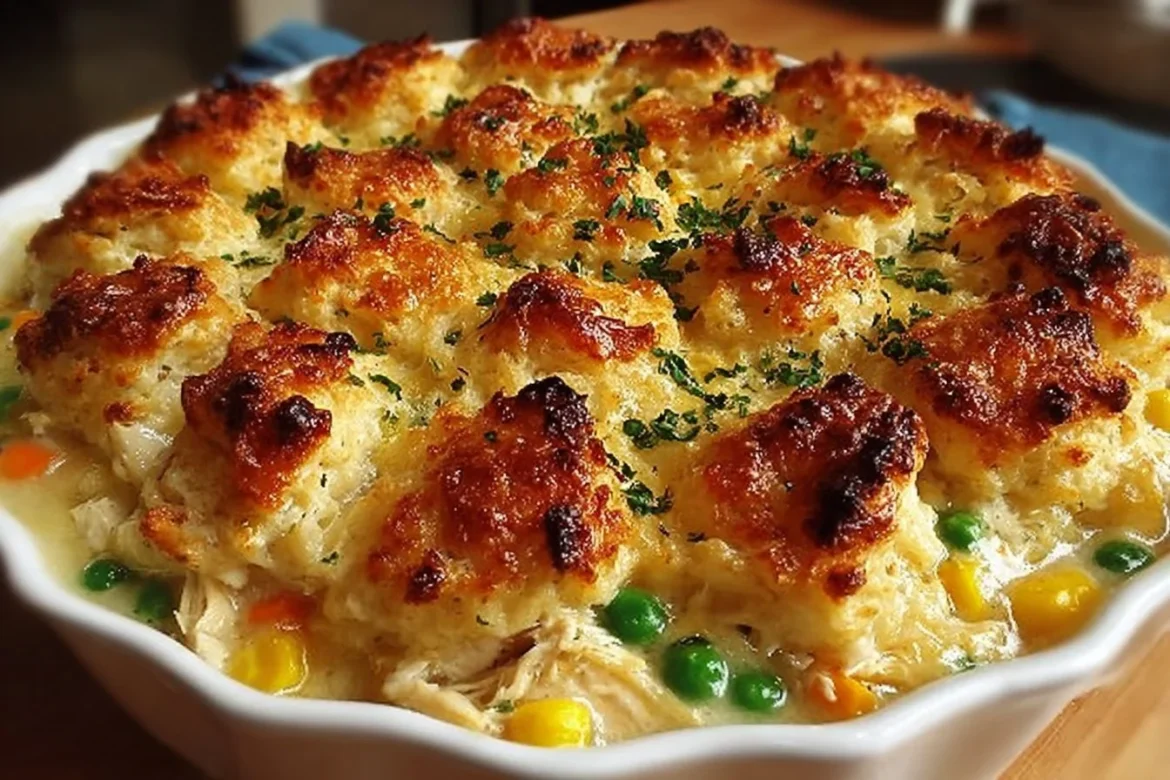 Easy chicken cobbler dinner casserole with savory chicken and biscuit topping.