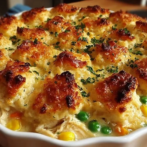 Easy chicken cobbler dinner casserole with savory chicken and biscuit topping.