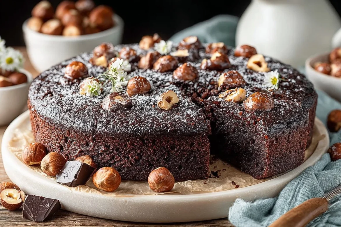 Easy chocolate hazelnut cake topped with chocolate ganache and hazelnuts