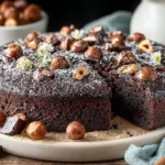 Easy chocolate hazelnut cake topped with chocolate ganache and hazelnuts