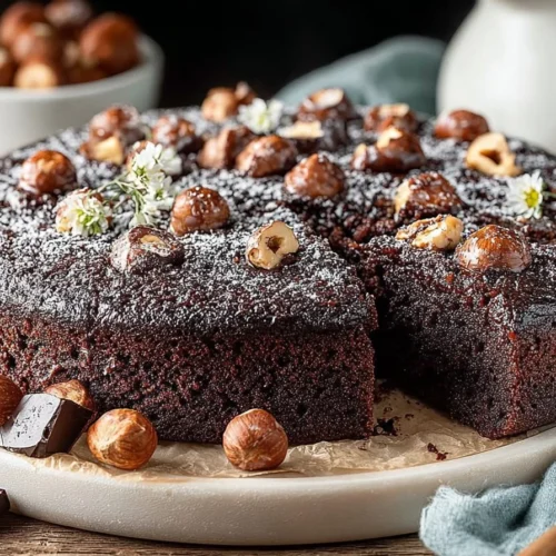 Easy chocolate hazelnut cake topped with chocolate ganache and hazelnuts