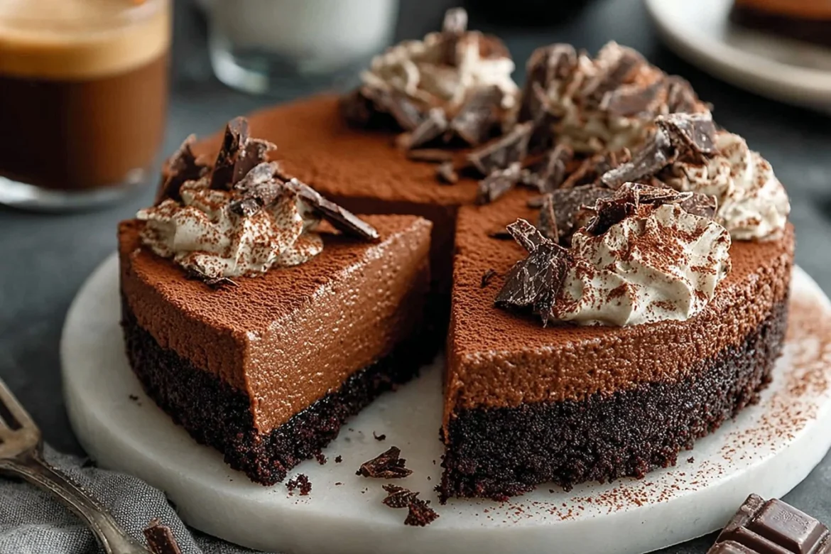 Delicious easy chocolate mousse cake topped with chocolate shavings