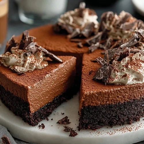 Delicious easy chocolate mousse cake topped with chocolate shavings