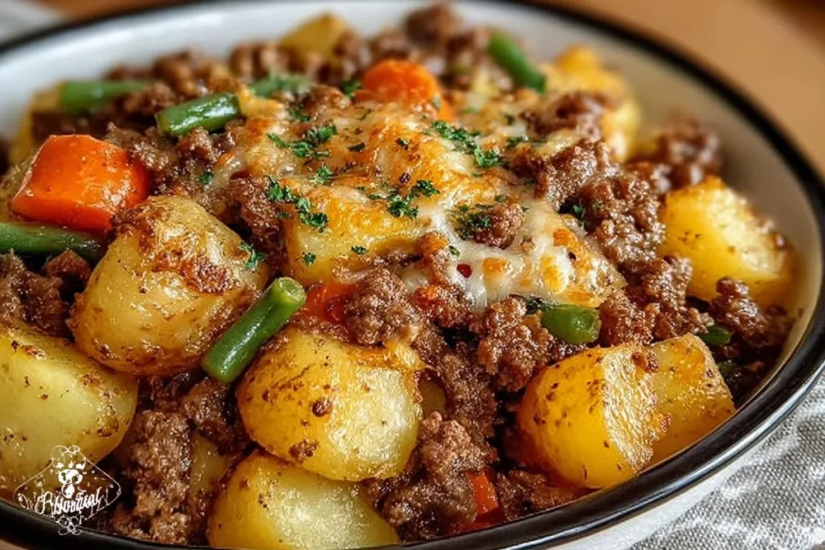 Easy Hobo Casserole with vegetables and ground beef in a baking dish