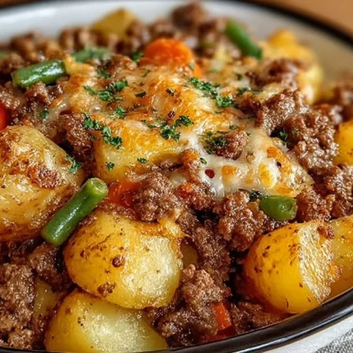 Easy Hobo Casserole with vegetables and ground beef in a baking dish