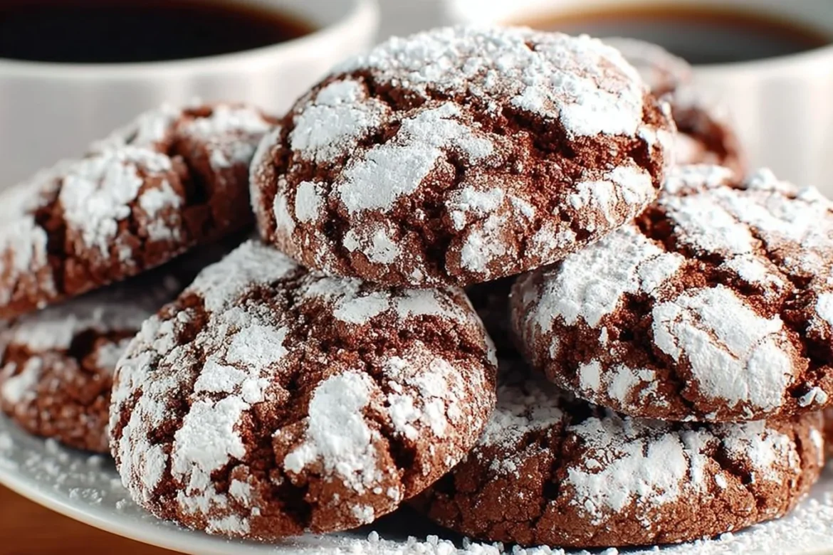 Delicious homemade mocha chocolate crinkle cookies on a baking tray.