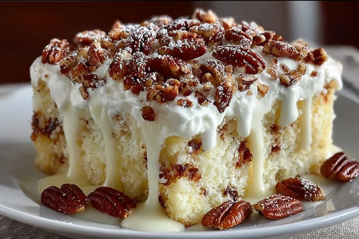 Delicious Elvis Presley Cake topped with creamy frosting and pecans.