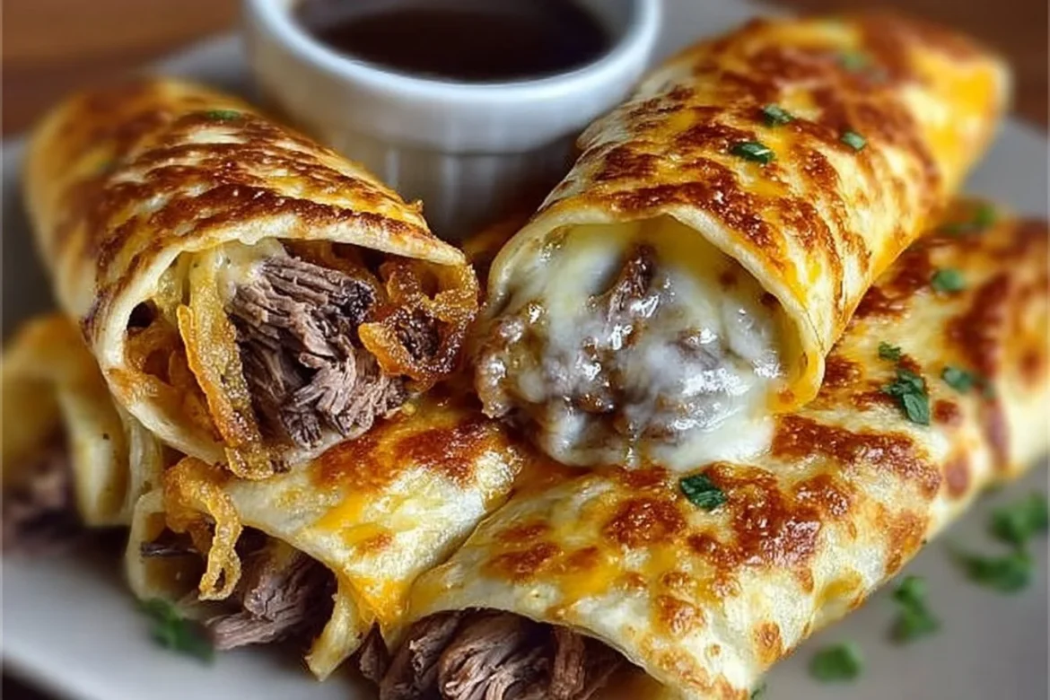 French Dip Tortilla Roll Ups with au jus dipping sauce