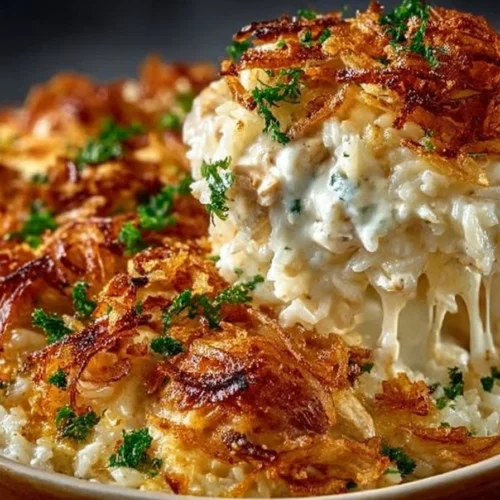 Delicious French onion chicken rice casserole baked in a dish, garnished with herbs.