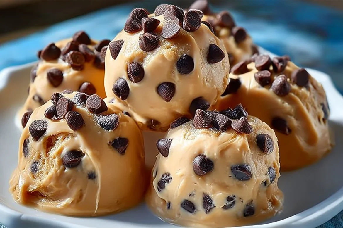 Frozen Greek yogurt peanut butter bites with chocolate chips in a bowl