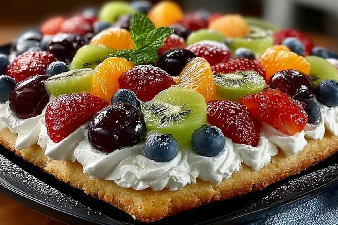 Colorful and delicious fruit pizza topped with various fresh fruits