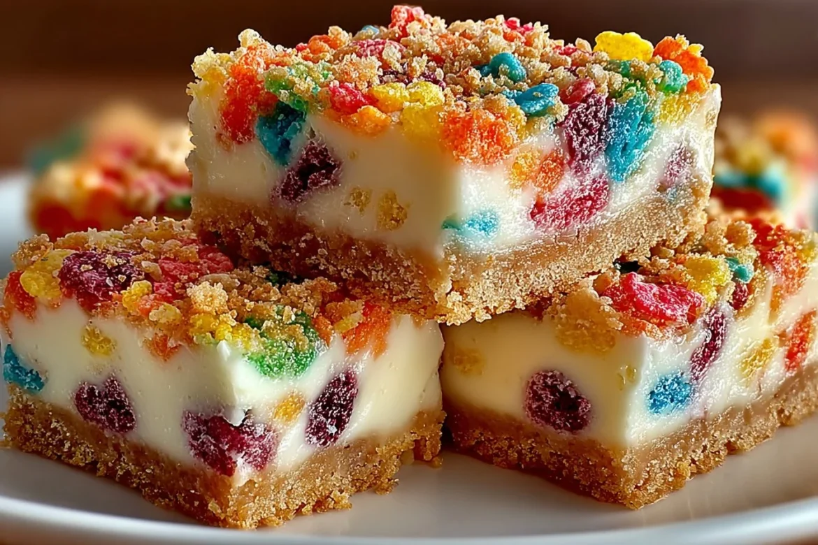 Fruity Pebbles cookie cheesecake bars on a white plate