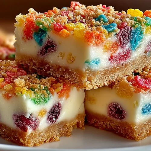 Fruity Pebbles cookie cheesecake bars on a white plate