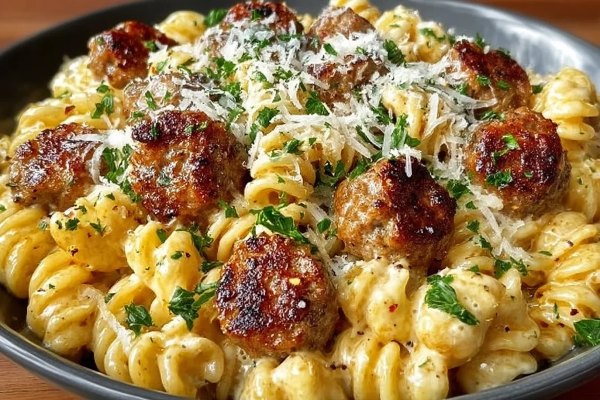 Delicious garlic butter sausage bites served with creamy parmesan pasta