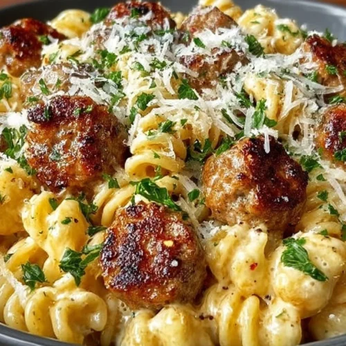 Delicious garlic butter sausage bites served with creamy parmesan pasta