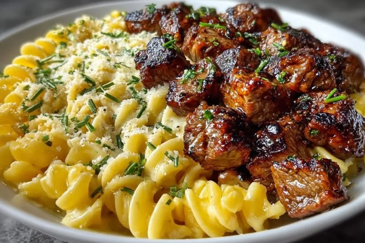 Juicy Garlic Butter Steak Bites served with creamy Alfredo pasta on a plate.