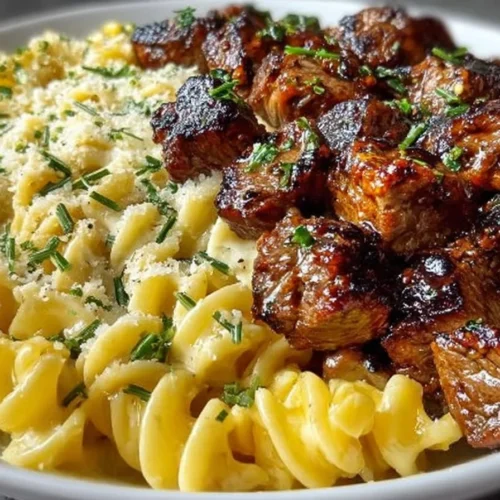 Juicy Garlic Butter Steak Bites served with creamy Alfredo pasta on a plate.